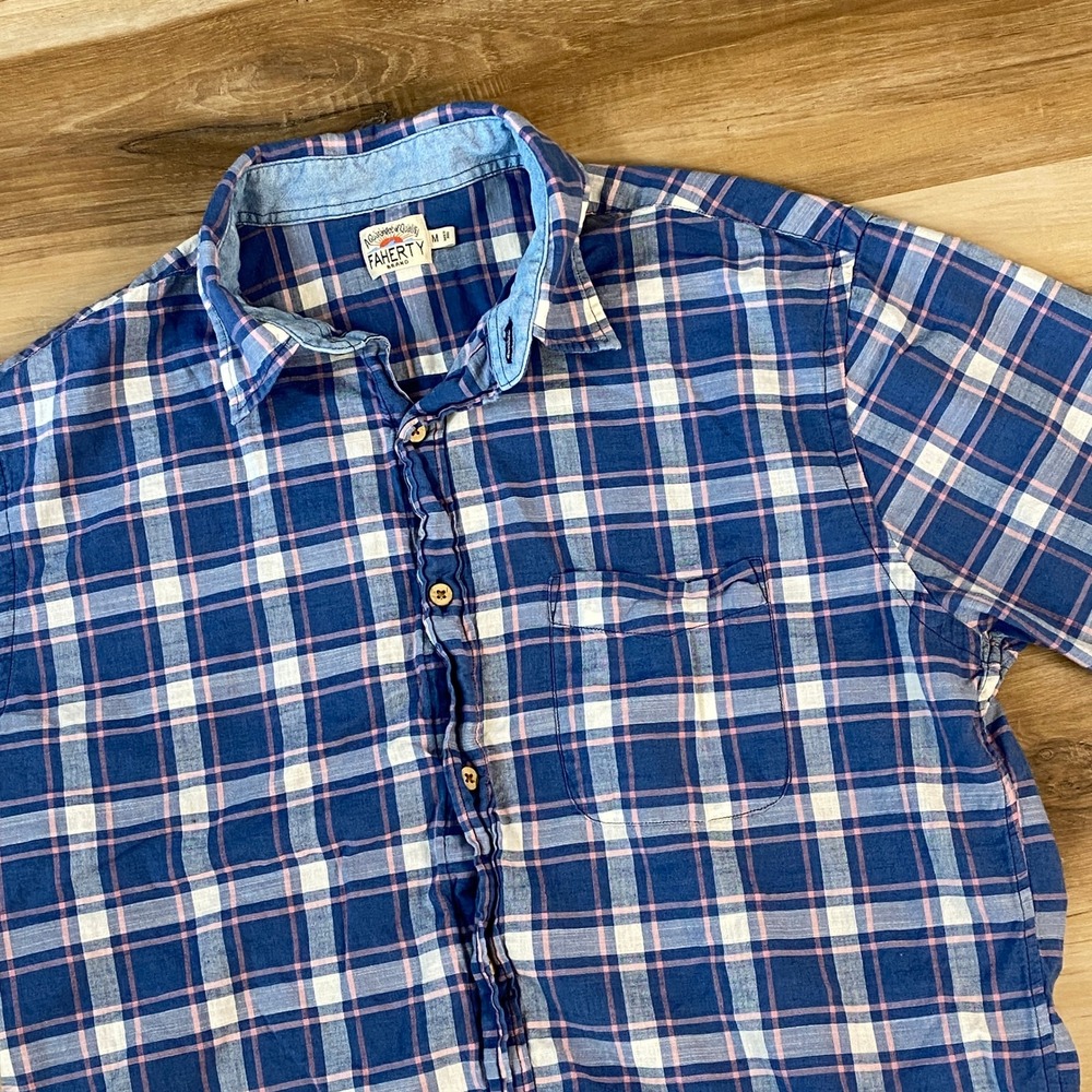 Faherty Shirt Mens Medium Plaid Indigo Cotton Short Sleeve Heritage Blue Casual